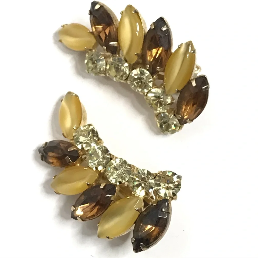 Vintage Rhinestone Earrings Ear Climbers Clip Gold